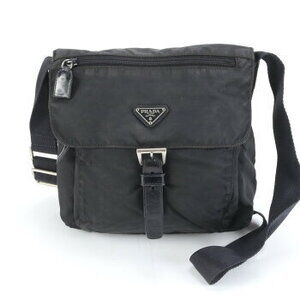 Prada Tessuto Triangle Logo Leather Shoulder Bag Crossbody Messenger Black